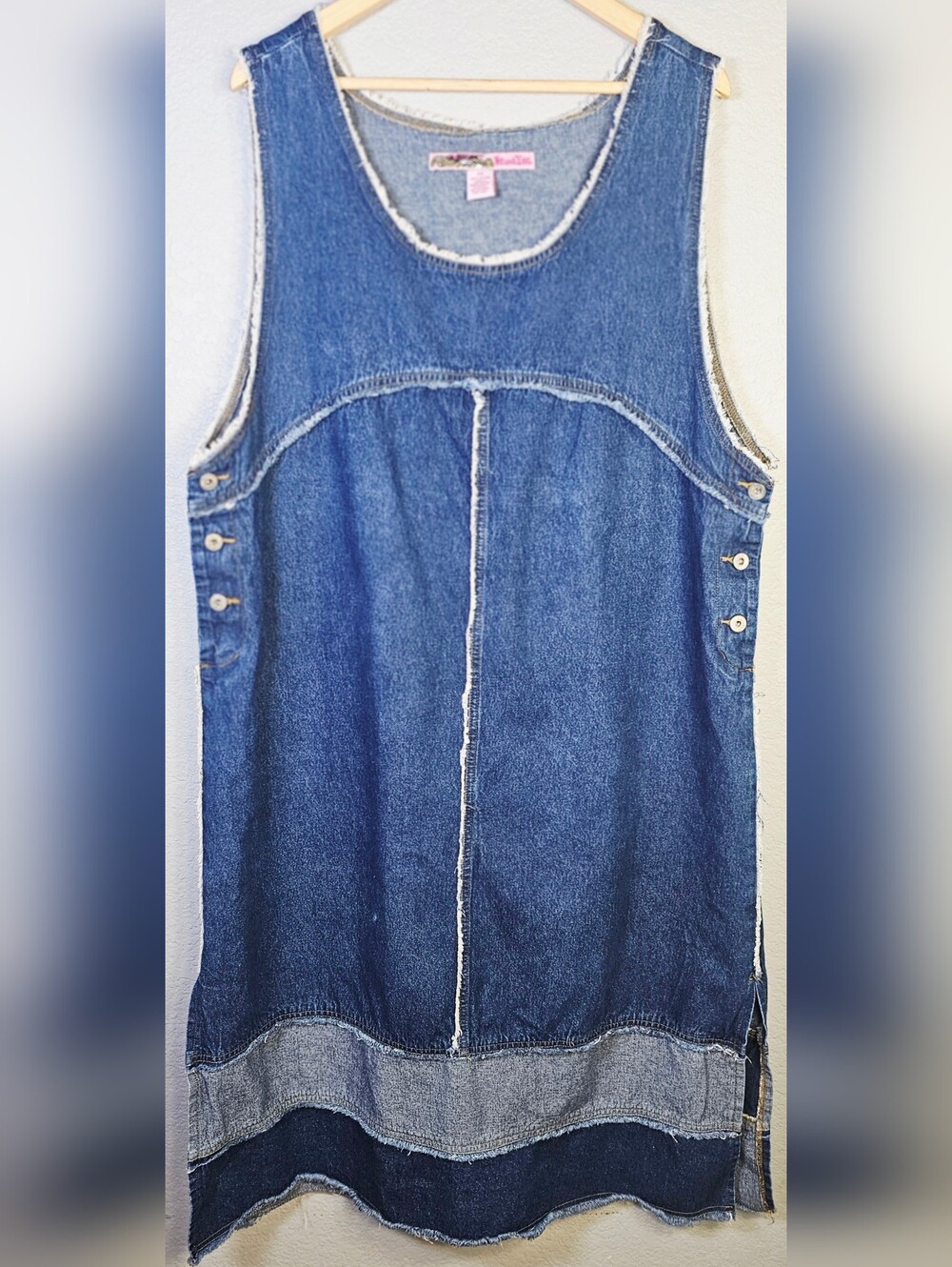 Me & You Denim Tank Dress 2X Raw Hem Lagenlook Boho Sleeveless Blue Jean